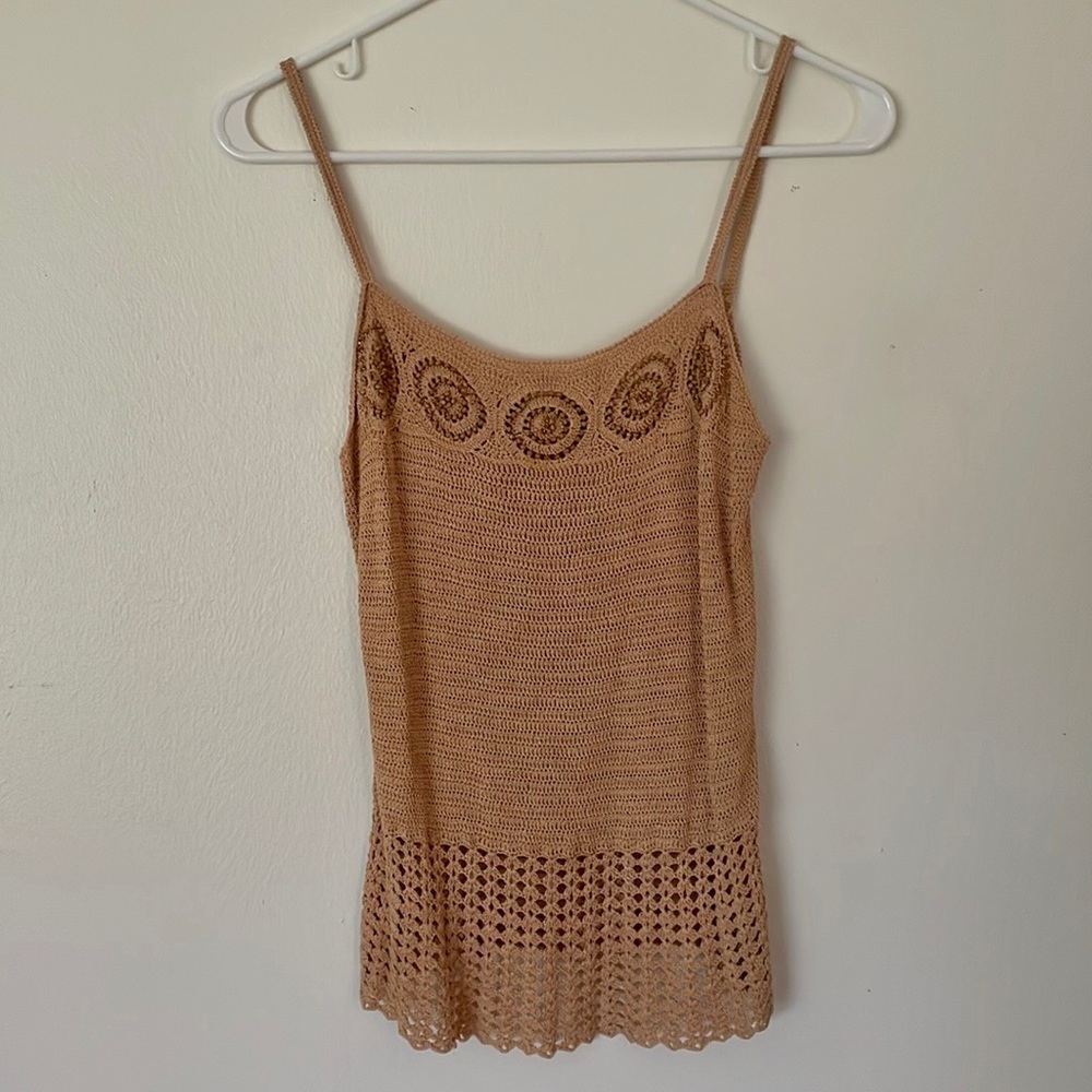 Bebe tan gold beaded crochet tank top size small